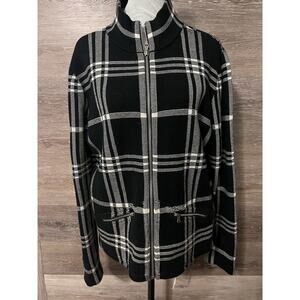 Ralph Lauren Plaid Cotton Zip Blazer Jacket Knit Stretch Preppy L Black White